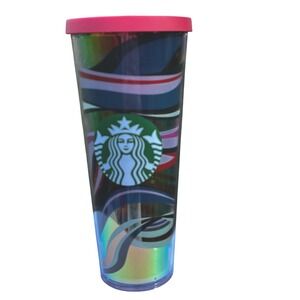Starbucks Iridescent Waves Cold Cup Tumbler Red Lid Straw 24 oz Venti‎